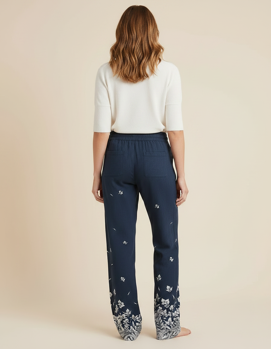 Pantalon Chino Bleu Marine Floral Ample Cordon - Lin - vue 2