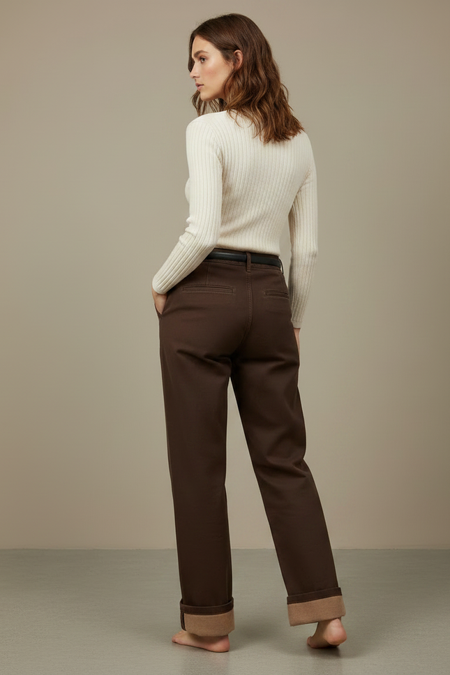 Pantalon Chino Marron Ample Doublé Polaire Femme - Coton - vue 2