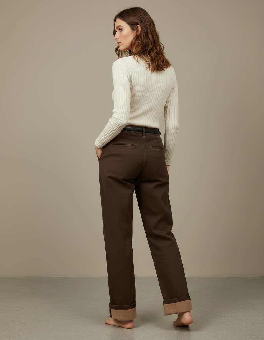Pantalon Chino Marron Ample Doublé Polaire Femme - Coton - vue 2