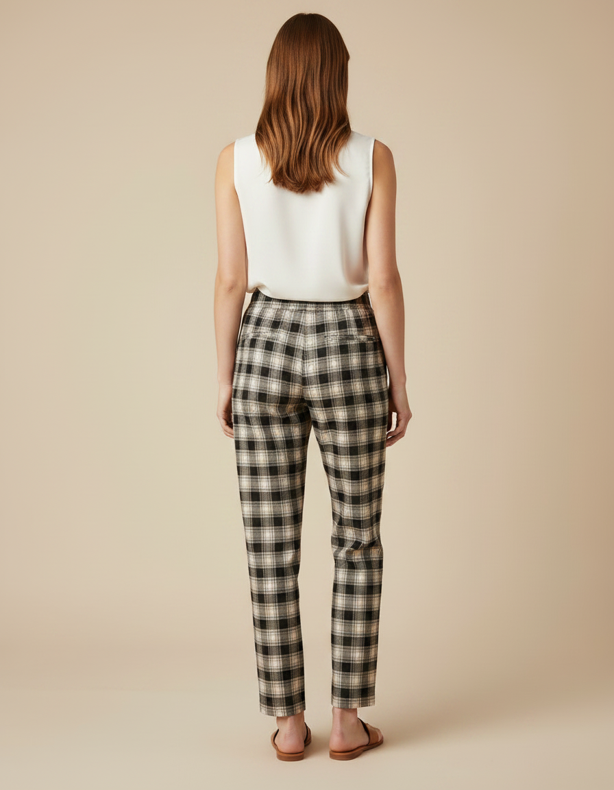 Pantalon Chino Carreaux Noir Beige Ample Confortable - Imprimé Laine - vue 2