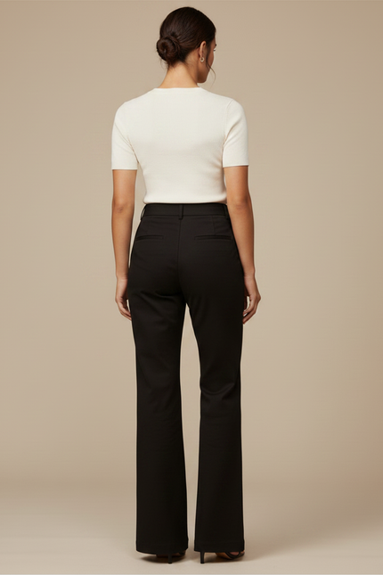 Pantalon Chino Noir Évasé Taille Haute Femme - Gabardine - vue 2
