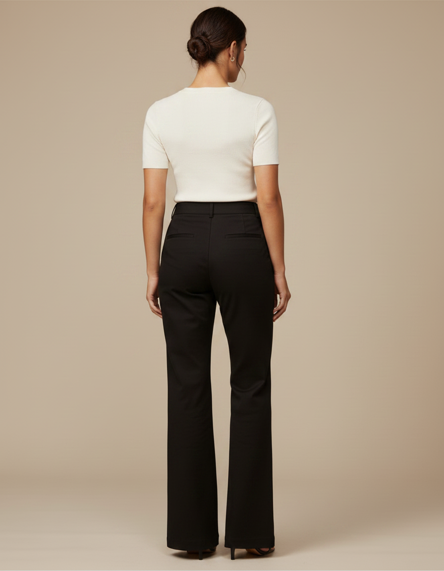 Pantalon Chino Noir Évasé Taille Haute Femme - Gabardine - vue 2