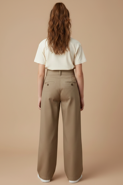 Pantalon Chino Marron Ample Plissé Enfant Décontracté - Kaki Gabardine - vue 2