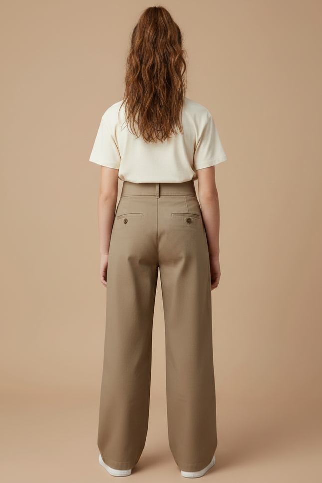 Pantalon Chino Marron Ample Plissé Enfant Décontracté - Kaki Gabardine - vue 2