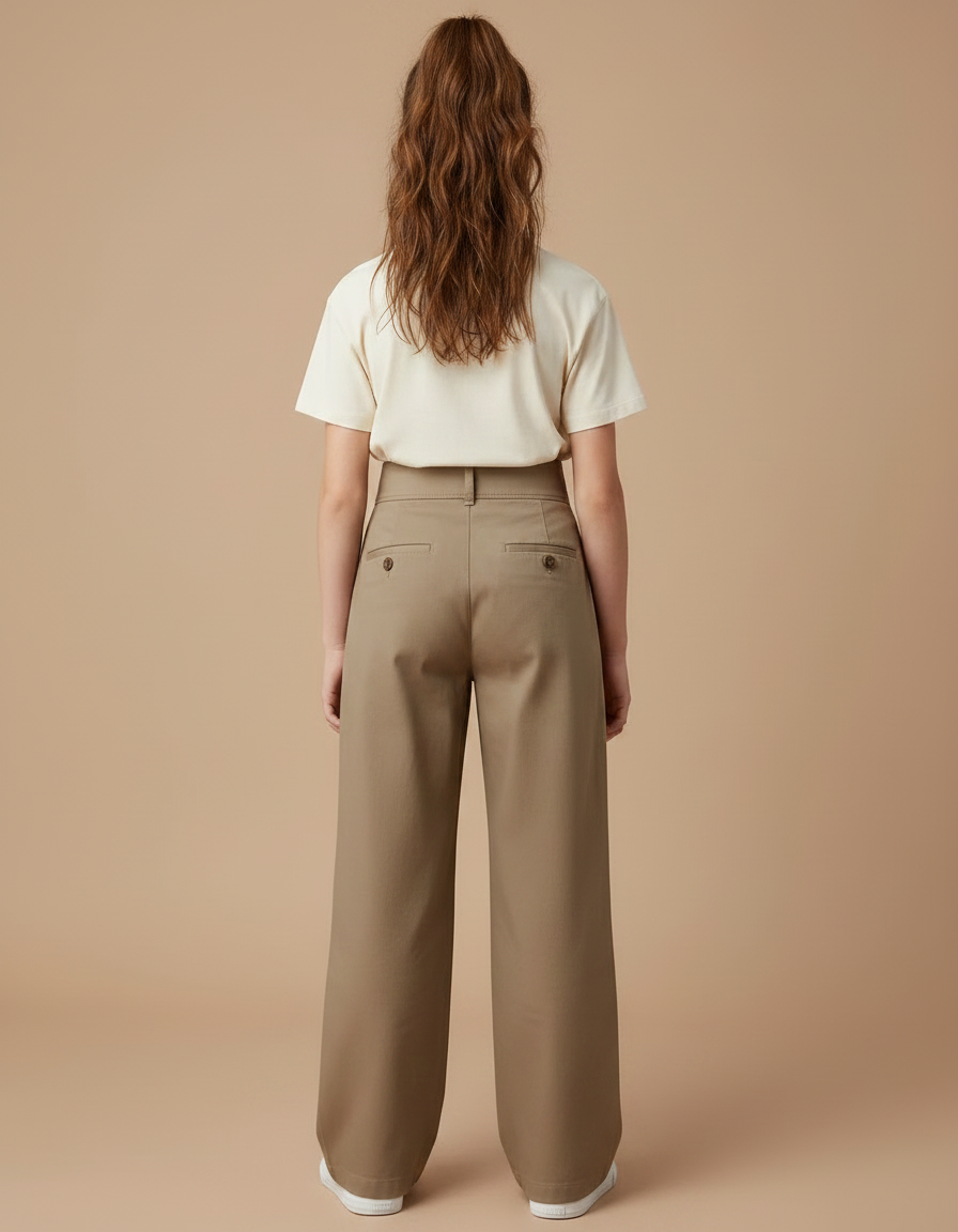 Pantalon Chino Marron Ample Plissé Enfant Décontracté - Kaki Gabardine - vue 2