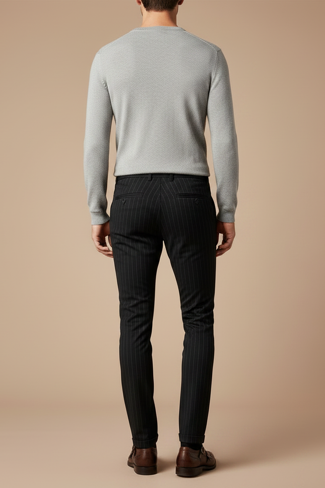 Pantalon Chino Noir Rayures Fines Slim Habillé - Gabardine - vue 2