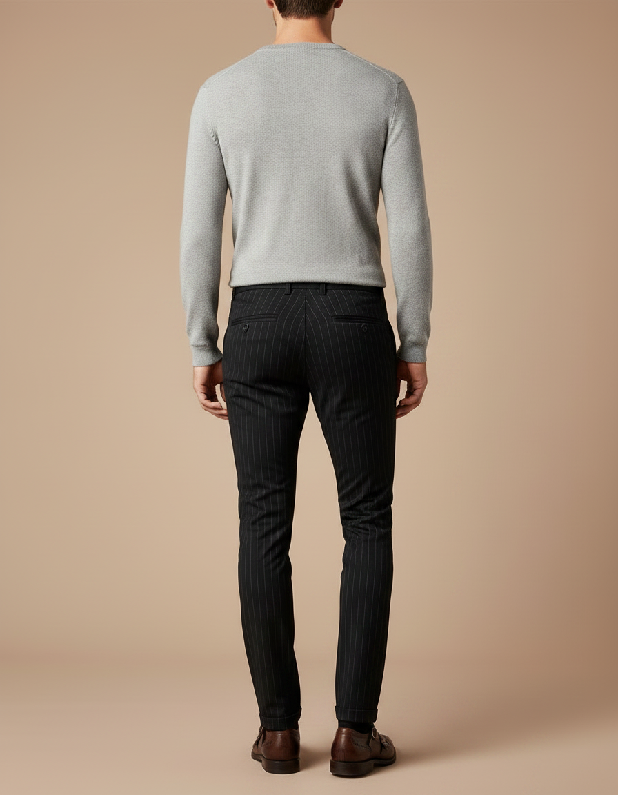 Pantalon Chino Noir Rayures Fines Slim Habillé - Gabardine - vue 2