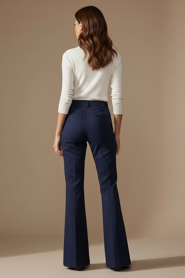 Pantalon Chino Bleu Marine Évasé Taille Haute Élégant - Polyester - vue 2