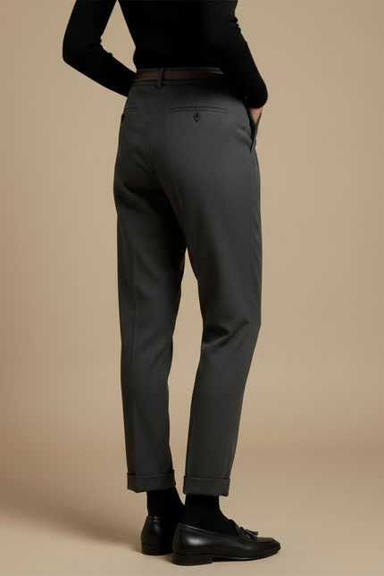 Pantalon Chino Gris Plissé Taille Haute Élégant Femme - Laine - vue 2