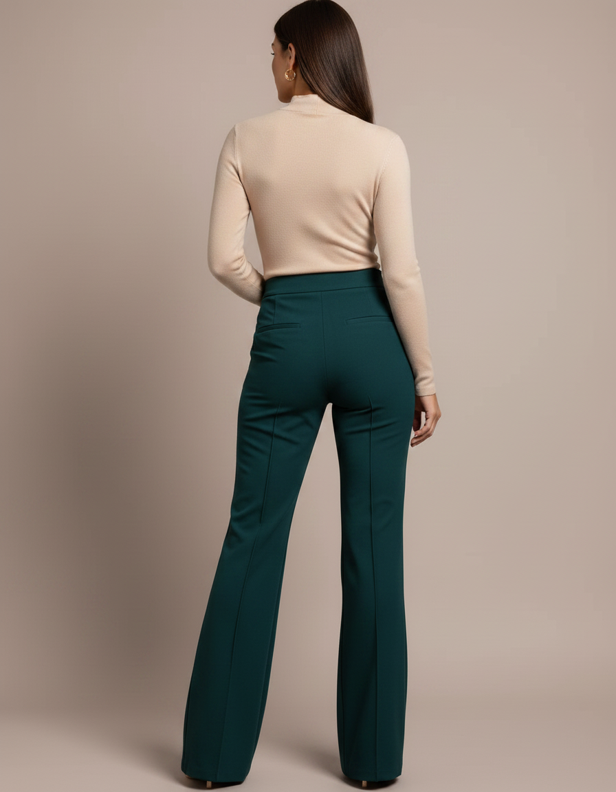 Pantalon Chino Vert Foncé Évasé Taille Haute Élégant - Gabardine - vue 2