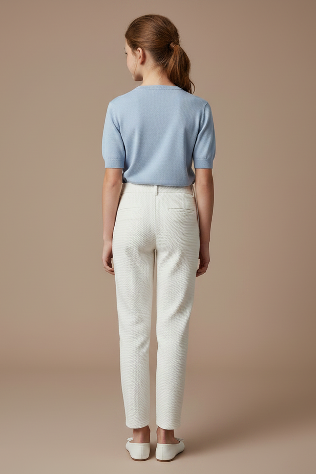 Pantalon Chino Écru Texturé Fille Coupe Droite - Blanc Coton - vue 2