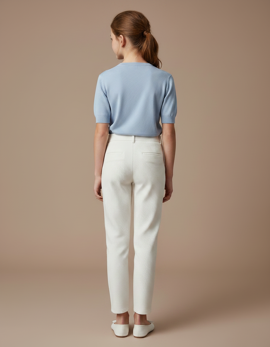 Pantalon Chino Écru Texturé Fille Coupe Droite - Blanc Coton - vue 2