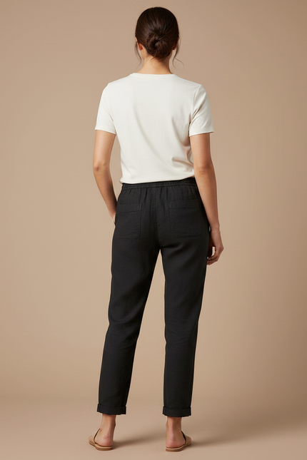 Pantalon Chino Noir Coton Lin Fluide Décontracté - vue 2