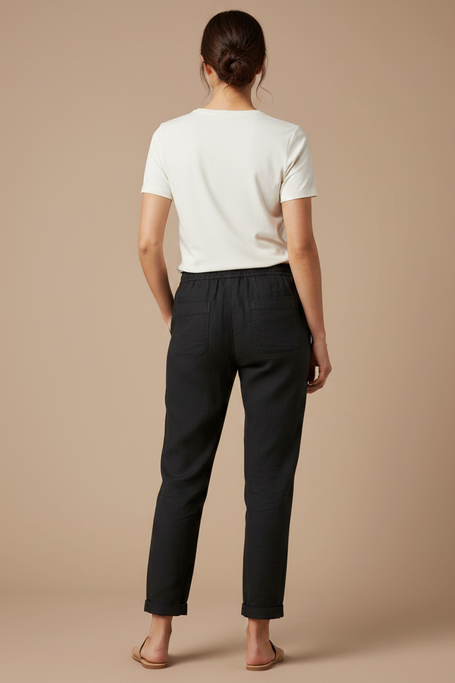 Pantalon Chino Noir Coton Lin Fluide Décontracté - vue 2