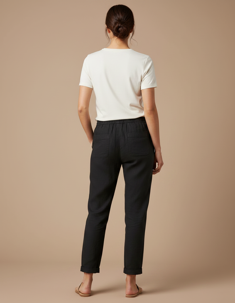 Pantalon Chino Noir Coton Lin Fluide Décontracté - vue 2
