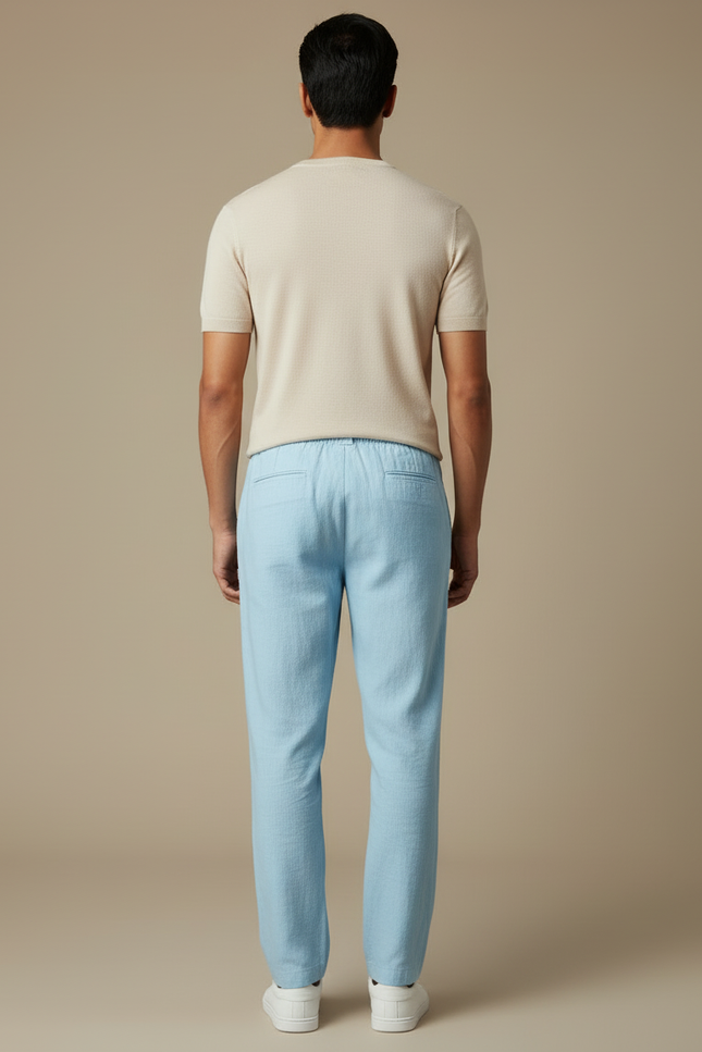 Pantalon Chino Bleu Ciel Lin Ample Cordon - vue 2