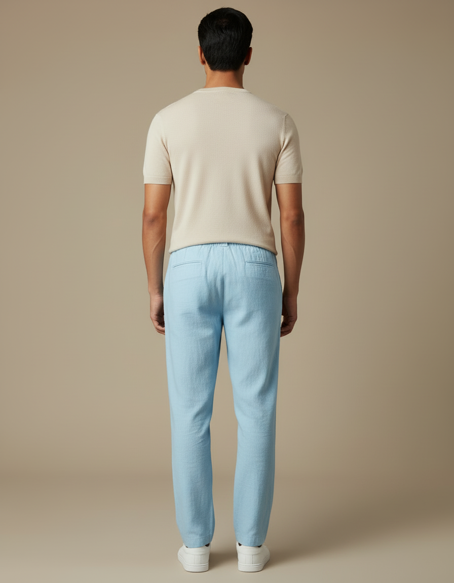Pantalon Chino Bleu Ciel Lin Ample Cordon - vue 2
