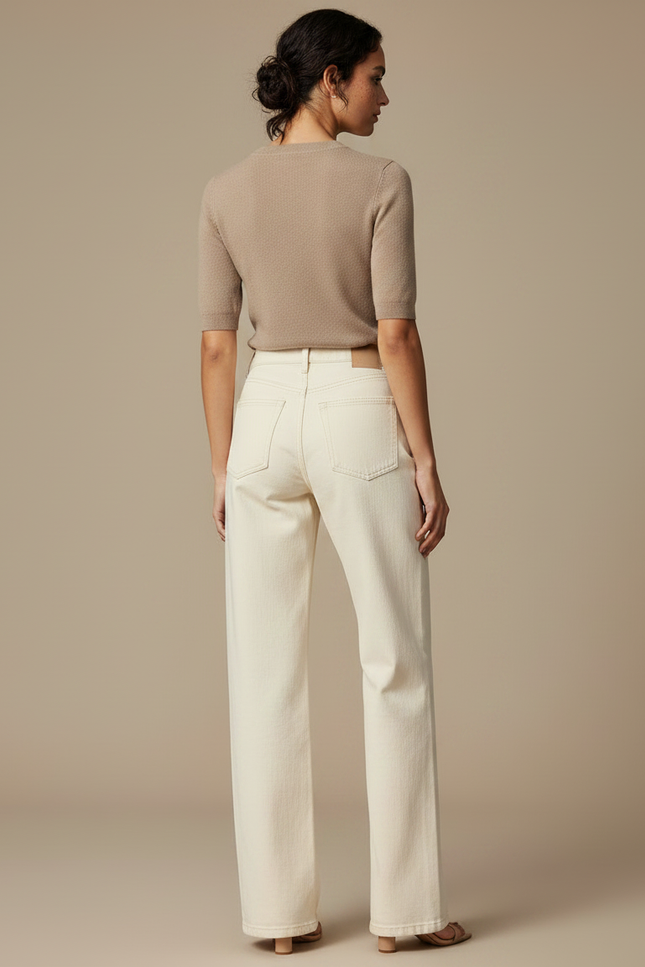 Pantalon Chino Écru Ample Droit Décontracté Femme - Beige Gabardine - vue 2
