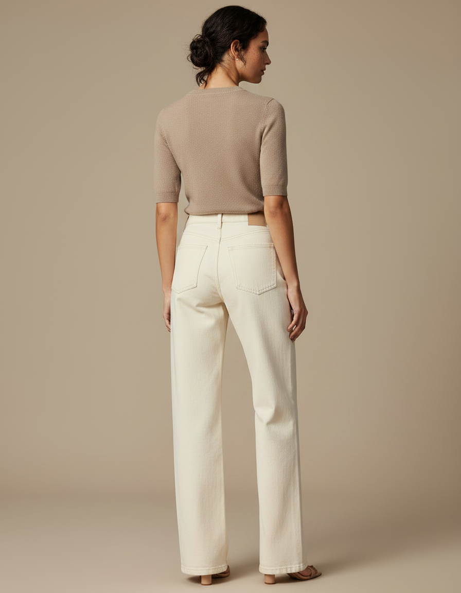 Pantalon Chino Écru Ample Droit Décontracté Femme - Beige Gabardine - vue 2
