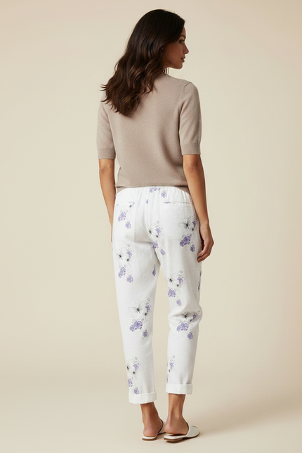 Pantalon Chino Blanc Lin Imprimé Papillons Fluide Femme - vue 2