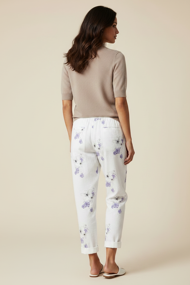 Pantalon Chino Blanc Lin Imprimé Papillons Fluide Femme - vue 2