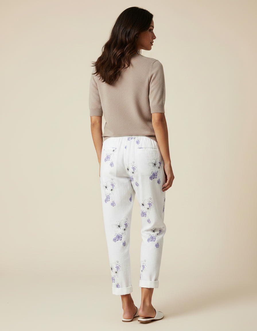 Pantalon Chino Blanc Lin Imprimé Papillons Fluide Femme - vue 2