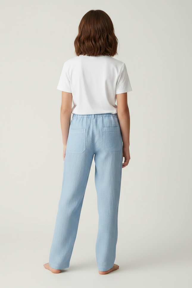 Pantalon Chino Bleu Ciel Lin Cordon Décontracté Fille - vue 2