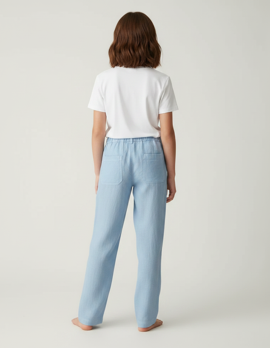 Pantalon Chino Bleu Ciel Lin Cordon Décontracté Fille - vue 2