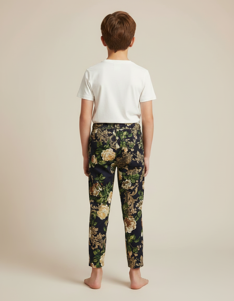 Pantalon Chino Fleuri Noir Cordon Décontracté Enfant - Multicolore Coton - vue 2