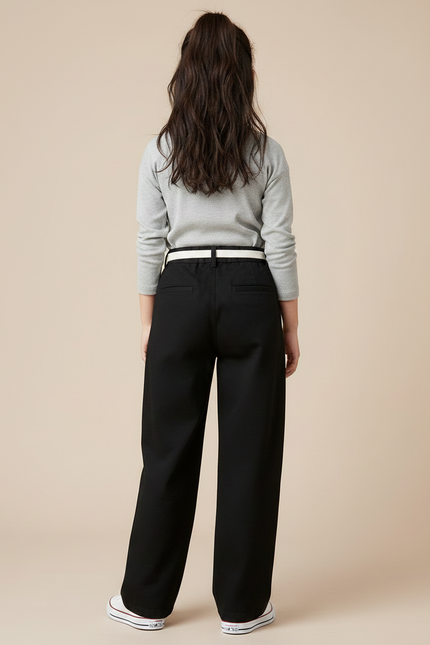 Pantalon Chino Noir Large Taille Haute Cordon - Gabardine - vue 2