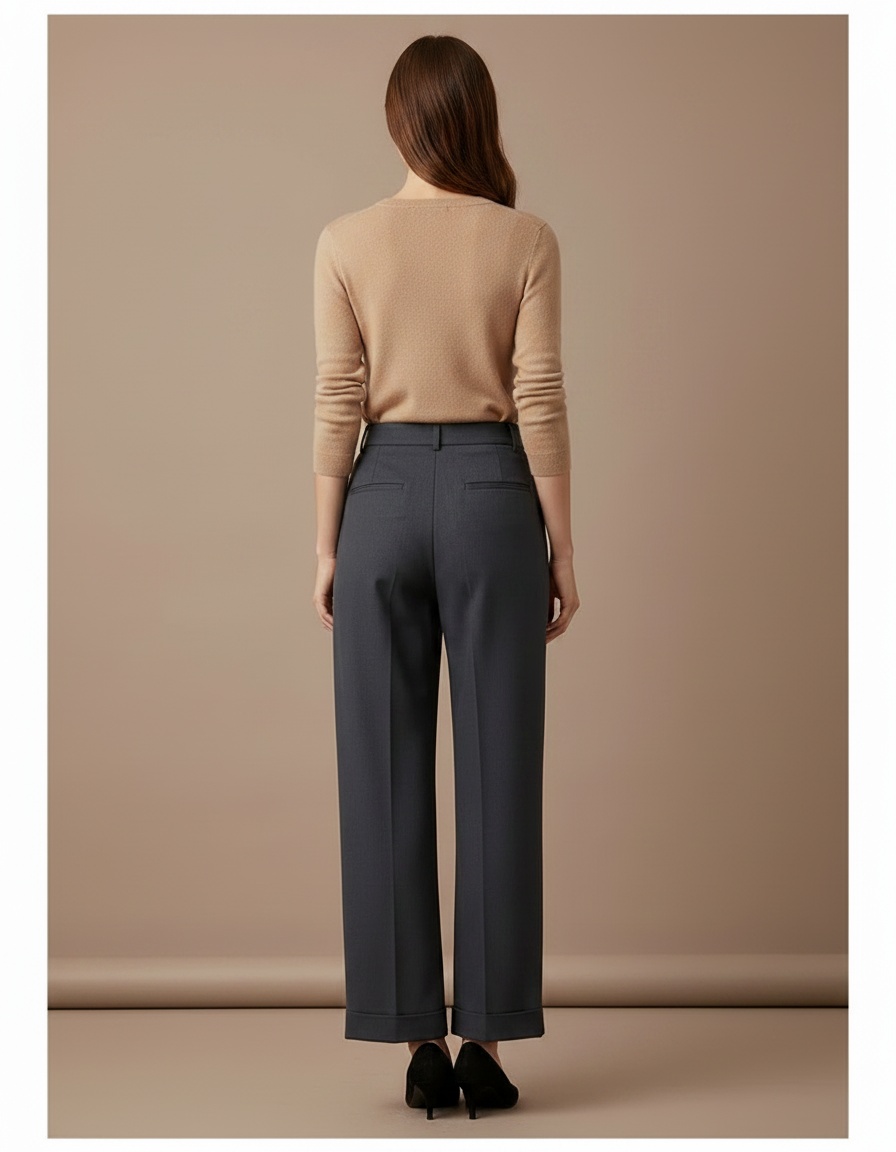 Pantalon Chino Gris Anthracite Plissé Ample Femme Chic - Gabardine - vue 2