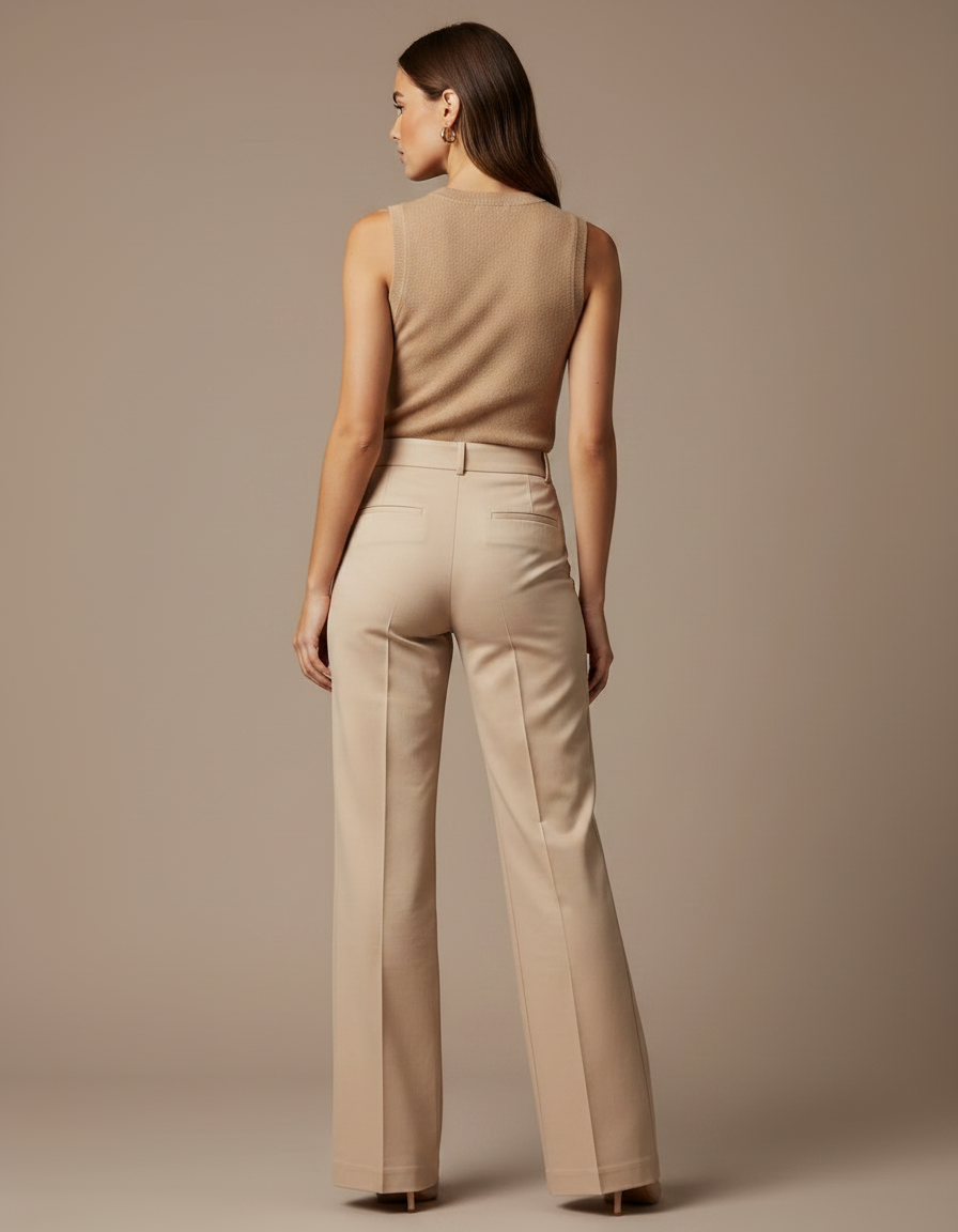 Pantalon Chino Beige Taille Haute Évasé Élégant - Gabardine - vue 2