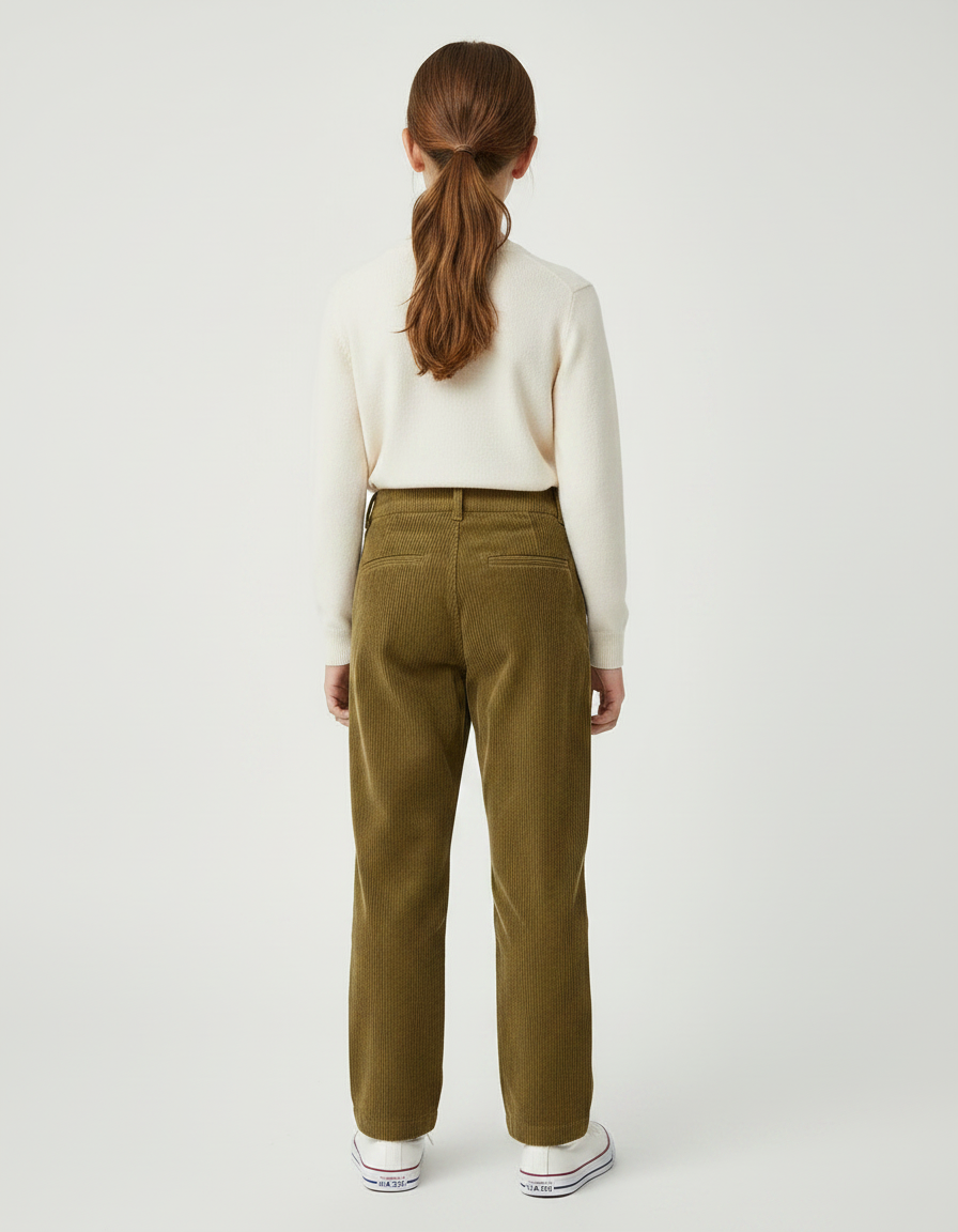 Pantalon Chino Côtelé Vert Olive Ample Enfant - Kaki Cordé - vue 2