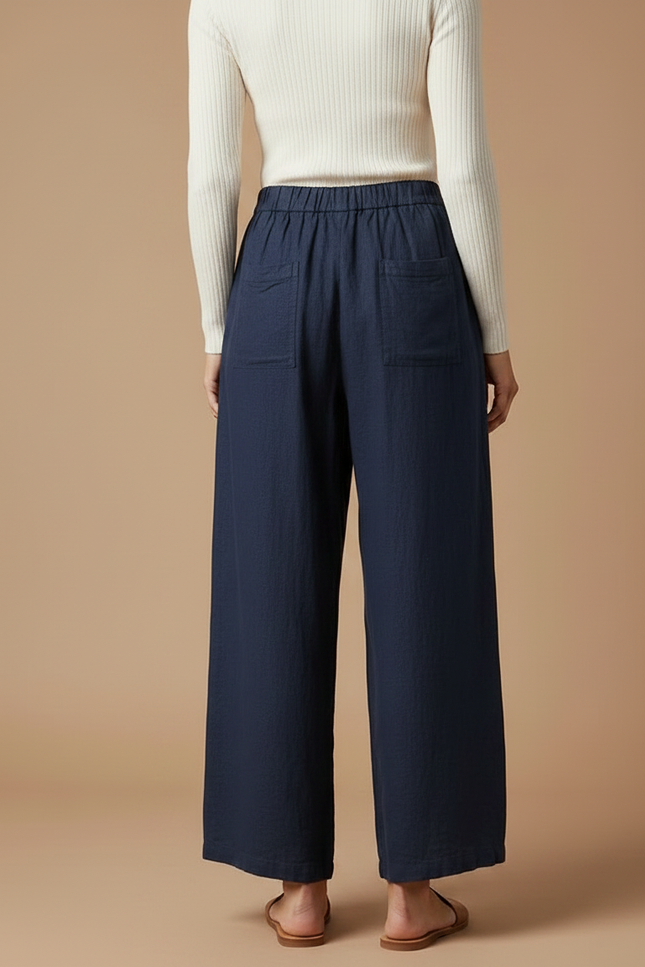 Pantalon Chino Bleu Marine Ample Lin Décontracté - vue 2
