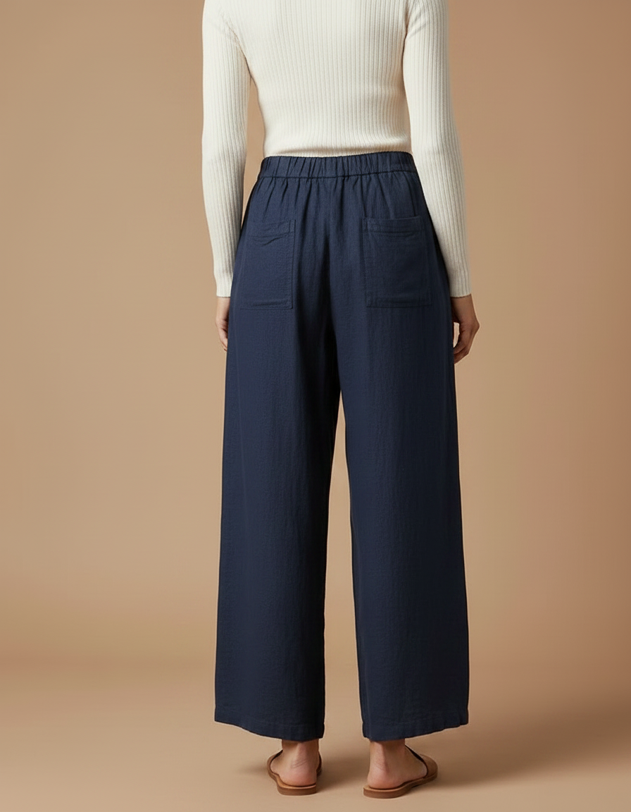 Pantalon Chino Bleu Marine Ample Lin Décontracté - vue 2