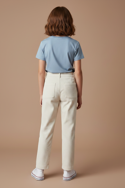 Pantalon Chino Côtelé Écru Taille Haute Enfant - Beige Cordé - vue 2