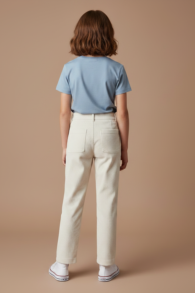 Pantalon Chino Côtelé Écru Taille Haute Enfant - Beige Cordé - vue 2