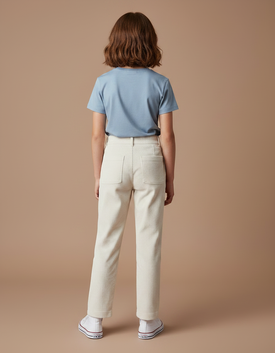 Pantalon Chino Côtelé Écru Taille Haute Enfant - Beige Cordé - vue 2