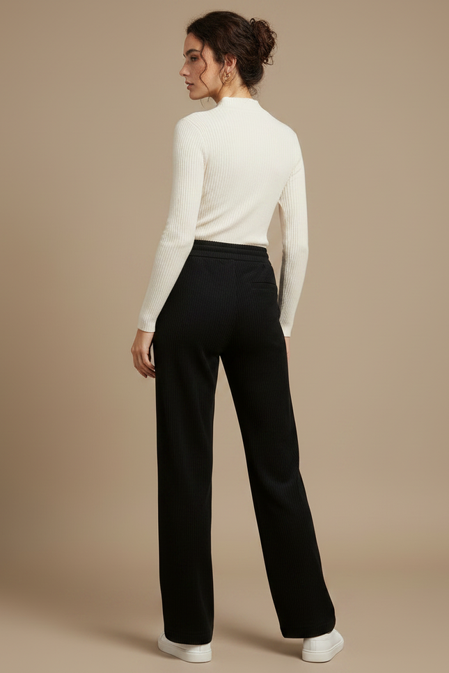 Pantalon Chino Noir Côtelé Large Décontracté Femme - Cordé - vue 2