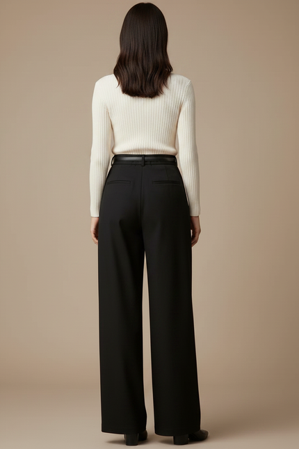 Pantalon Chino Noir Ample Fluide Élégant Ceinturé - Gabardine - vue 2