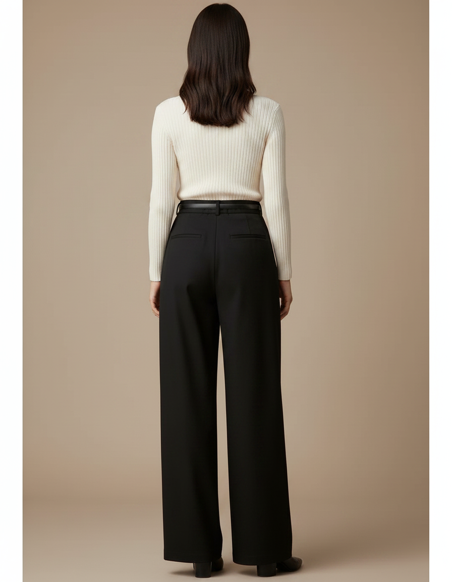 Pantalon Chino Noir Ample Fluide Élégant Ceinturé - Gabardine - vue 2