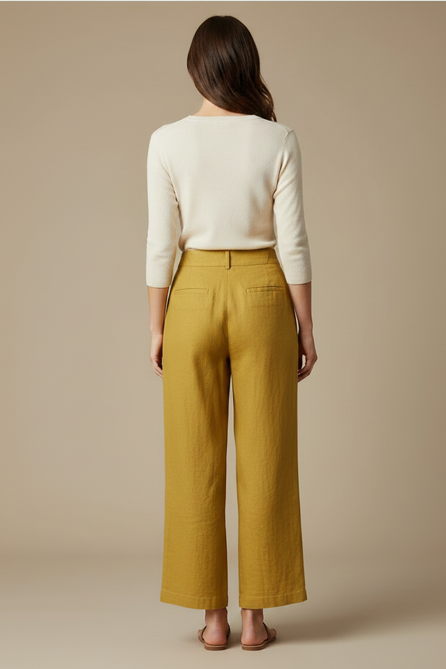 Pantalon Chino Jaune Moutarde Lin Ample Décontracté Femme - vue 2