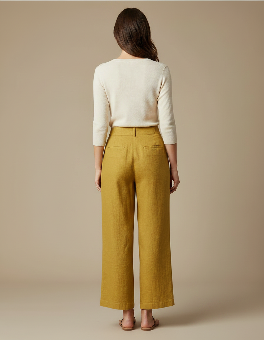 Pantalon Chino Jaune Moutarde Lin Ample Décontracté Femme - vue 2