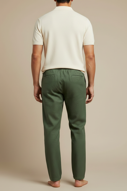 Pantalon Chino Vert Cordon Lin Ample Homme - vue 2