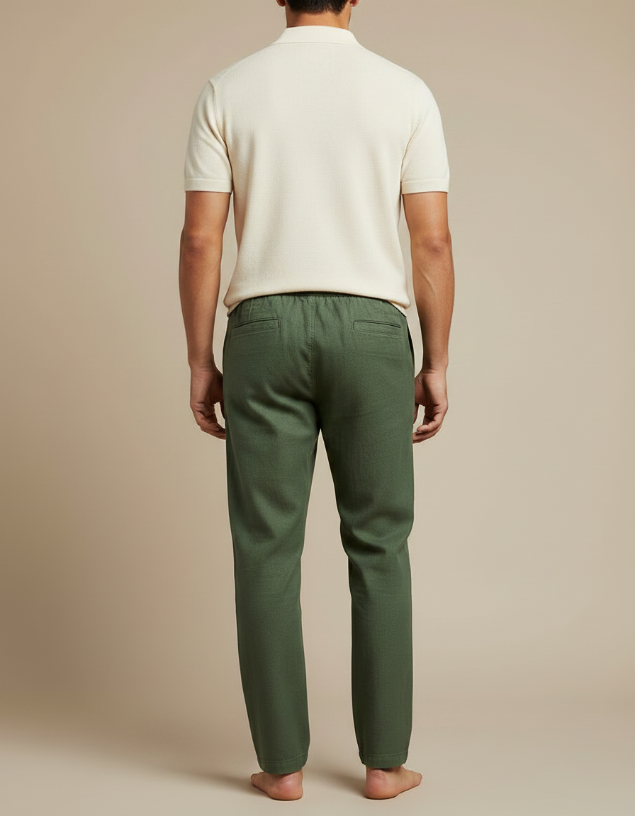 Pantalon Chino Vert Cordon Lin Ample Homme - vue 2