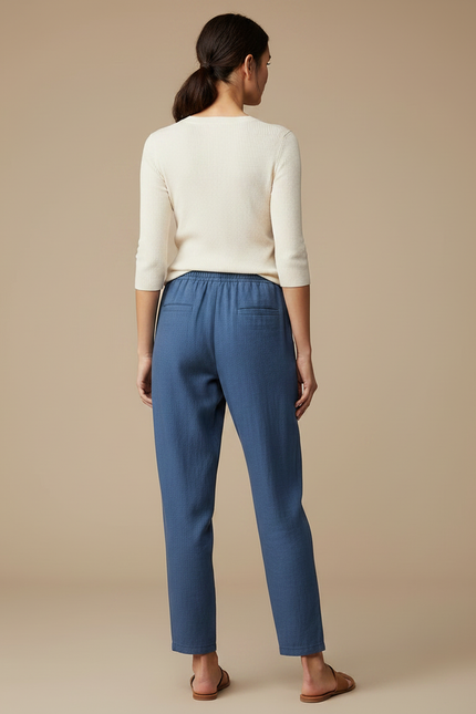 Pantalon Chino Femme Bleu Coton Lin Décontracté Ample - vue 2