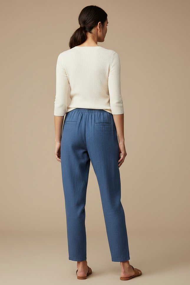 Pantalon Chino Femme Bleu Coton Lin Décontracté Ample - vue 2
