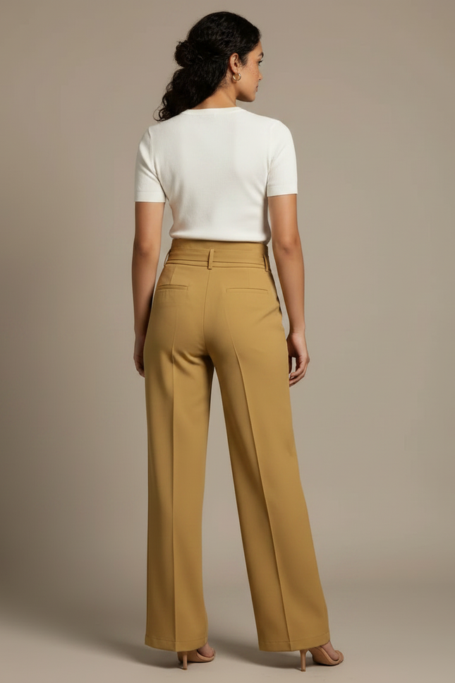 Pantalon Chino Kaki Taille Haute Fluide Élégant Femme - Gabardine - vue 2