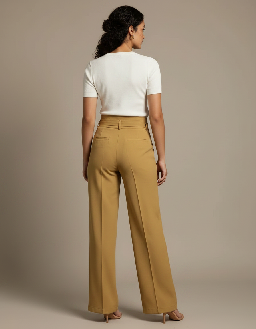 Pantalon Chino Kaki Taille Haute Fluide Élégant Femme - Gabardine - vue 2