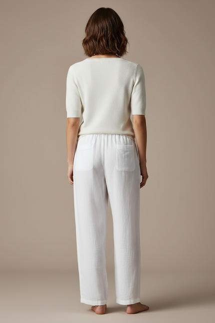 Pantalon Chino Blanc Lin Fluide Léger Cordon Femme - vue 2